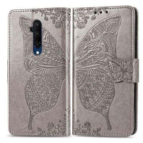 Oneplus 7t Pro Coque, Saturcase Papillon Fleurs Pu Cuir Magnétique Flip Portefeuille Support Porte-Carte Protecteur Housse Étui Avec Dragonne Pour Oneplus 7t Pro (Gris)