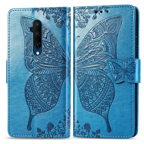 Oneplus 7t Pro Coque, Saturcase Papillon Fleurs Pu Cuir Magnétique Flip Portefeuille Support Porte-Carte Protecteur Housse Étui Avec Dragonne Pour Oneplus 7t Pro (Bleu)