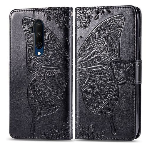 Oneplus 7t Pro Coque, Saturcase Papillon Fleurs Pu Cuir Magnétique Flip Portefeuille Support Porte-Carte Protecteur Housse Étui Avec Dragonne Pour Oneplus 7t Pro (Noir)