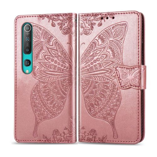 Xiaomi Mi 10 Pro Coque, Saturcase Papillon Fleurs Pu Cuir Magnétique Flip Portefeuille Support Porte-Carte Protecteur Housse Étui Avec Dragonne Pour Xiaomi Mi 10 Pro (Or Rose)