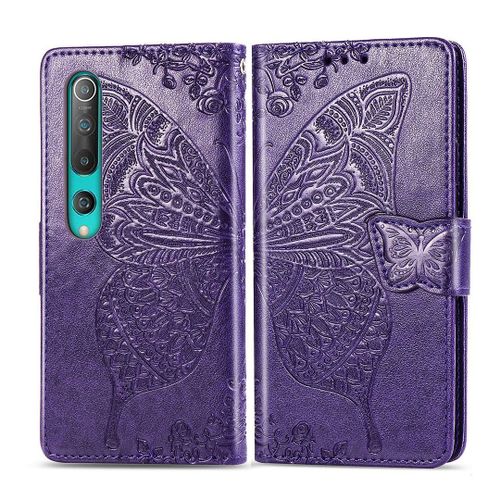 Xiaomi Mi 10 Pro Coque, Saturcase Papillon Fleurs Pu Cuir Magnétique Flip Portefeuille Support Porte-Carte Protecteur Housse Étui Avec Dragonne Pour Xiaomi Mi 10 Pro (Violet)