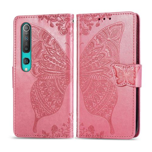 Xiaomi Mi 10 Pro Coque, Saturcase Papillon Fleurs Pu Cuir Magnétique Flip Portefeuille Support Porte-Carte Protecteur Housse Étui Avec Dragonne Pour Xiaomi Mi 10 Pro (Pink)