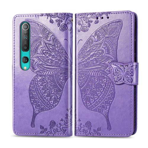 Xiaomi Mi 10 Pro Coque, Saturcase Papillon Fleurs Pu Cuir Magnétique Flip Portefeuille Support Porte-Carte Protecteur Housse Étui Avec Dragonne Pour Xiaomi Mi 10 Pro (Lavande)