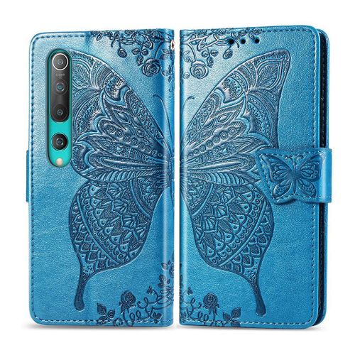 Xiaomi Mi 10 Pro Coque, Saturcase Papillon Fleurs Pu Cuir Magnétique Flip Portefeuille Support Porte-Carte Protecteur Housse Étui Avec Dragonne Pour Xiaomi Mi 10 Pro (Bleu)