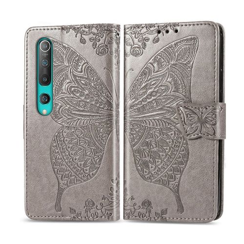 Xiaomi Mi 10 Pro Coque, Saturcase Papillon Fleurs Pu Cuir Magnétique Flip Portefeuille Support Porte-Carte Protecteur Housse Étui Avec Dragonne Pour Xiaomi Mi 10 Pro (Gris)