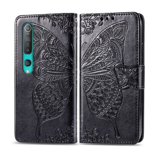 Xiaomi Mi 10 Pro Coque, Saturcase Papillon Fleurs Pu Cuir Magnétique Flip Portefeuille Support Porte-Carte Protecteur Housse Étui Avec Dragonne Pour Xiaomi Mi 10 Pro (Noir)