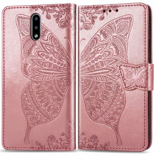 Nokia 2.3 Coque, Saturcase Papillon Fleurs Pu Cuir Magnétique Flip Portefeuille Support Porte-Carte Protecteur Housse Étui Avec Dragonne Pour Nokia 2.3 (Or Rose)