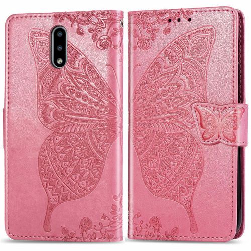 Nokia 2.3 Coque, Saturcase Papillon Fleurs Pu Cuir Magnétique Flip Portefeuille Support Porte-Carte Protecteur Housse Étui Avec Dragonne Pour Nokia 2.3 (Pink)