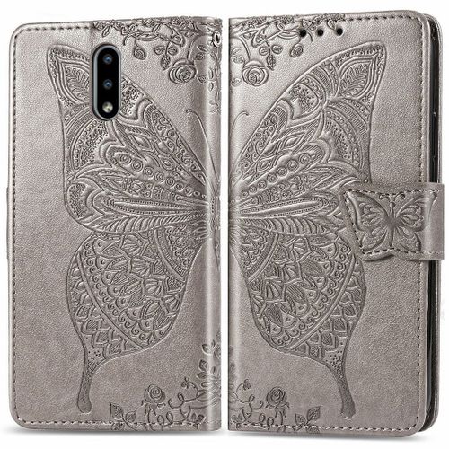 Nokia 2.3 Coque, Saturcase Papillon Fleurs Pu Cuir Magnétique Flip Portefeuille Support Porte-Carte Protecteur Housse Étui Avec Dragonne Pour Nokia 2.3 (Gris)