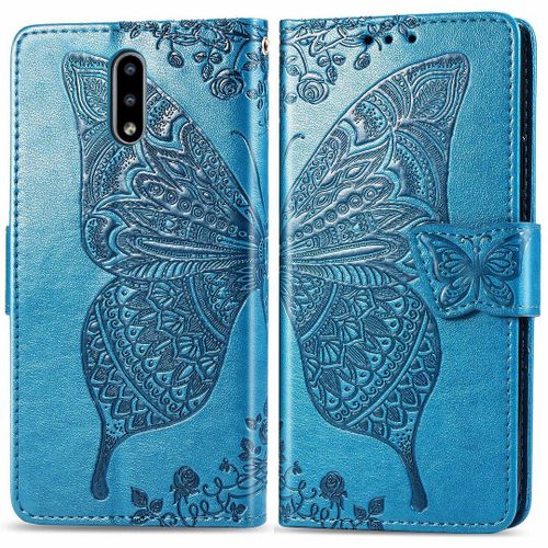 Nokia 2.3 Coque, Saturcase Papillon Fleurs Pu Cuir Magnétique Flip Portefeuille Support Porte-Carte Protecteur Housse Étui Avec Dragonne Pour Nokia 2.3 (Bleu)