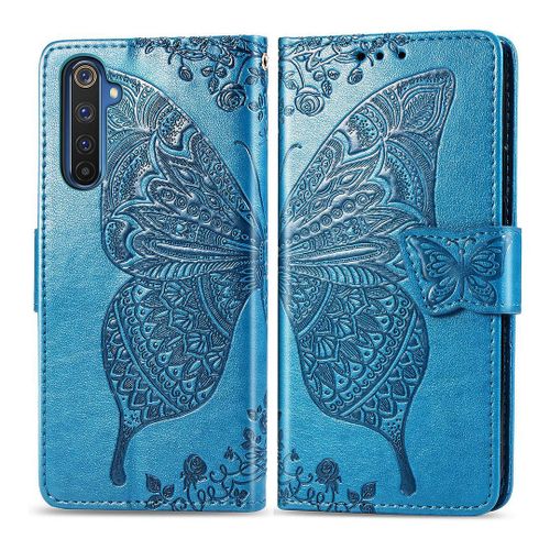 Realme 6 Coque, Saturcase Papillon Fleurs Pu Cuir Magnétique Flip Portefeuille Support Porte-Carte Protecteur Housse Étui Avec Dragonne Pour Realme 6 (Bleu)