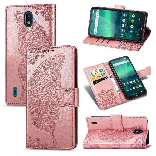 Nokia 1.3 Coque, Saturcase Papillon Fleurs Pu Cuir Magnétique Flip Portefeuille Support Porte-Carte Protecteur Housse Étui Avec Dragonne Pour Nokia 1.3 (Or Rose)