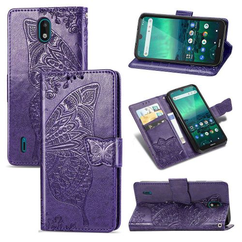 Nokia 1.3 Coque, Saturcase Papillon Fleurs Pu Cuir Magnétique Flip Portefeuille Support Porte-Carte Protecteur Housse Étui Avec Dragonne Pour Nokia 1.3 (Violet)
