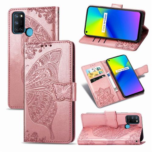 Realme 7i / Realme C17 Coque, Saturcase Papillon Fleurs Pu Cuir Magnétique Flip Portefeuille Support Porte-Carte Protecteur Housse Étui Avec Dragonne Pour Realme 7i / Realme C17 (Or Rose)