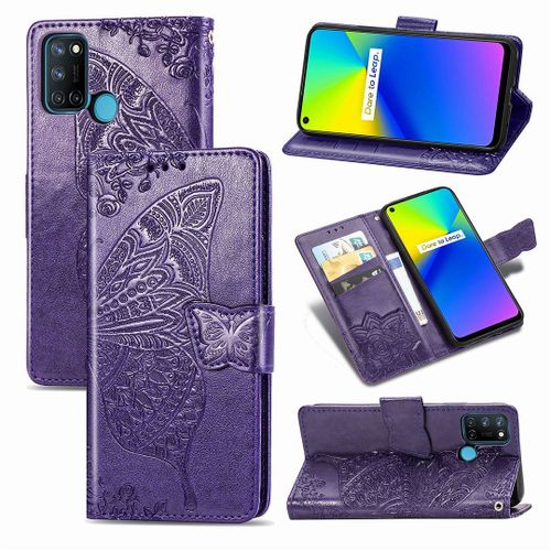 Realme 7i / Realme C17 Coque, Saturcase Papillon Fleurs Pu Cuir Magnétique Flip Portefeuille Support Porte-Carte Protecteur Housse Étui Avec Dragonne Pour Realme 7i / Realme C17 (Violet)