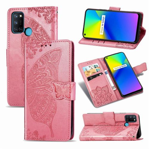 Realme 7i / Realme C17 Coque, Saturcase Papillon Fleurs Pu Cuir Magnétique Flip Portefeuille Support Porte-Carte Protecteur Housse Étui Avec Dragonne Pour Realme 7i / Realme C17 (Pink)