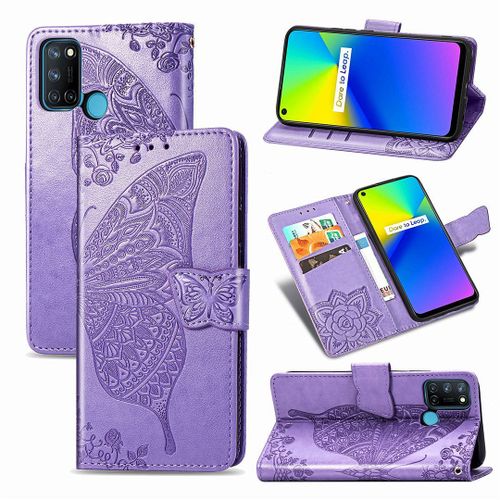 Realme 7i / Realme C17 Coque, Saturcase Papillon Fleurs Pu Cuir Magnétique Flip Portefeuille Support Porte-Carte Protecteur Housse Étui Avec Dragonne Pour Realme 7i / Realme C17 (Lavande)