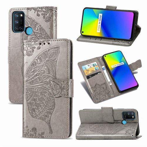 Realme 7i / Realme C17 Coque, Saturcase Papillon Fleurs Pu Cuir Magnétique Flip Portefeuille Support Porte-Carte Protecteur Housse Étui Avec Dragonne Pour Realme 7i / Realme C17 (Gris)