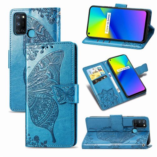 Realme 7i / Realme C17 Coque, Saturcase Papillon Fleurs Pu Cuir Magnétique Flip Portefeuille Support Porte-Carte Protecteur Housse Étui Avec Dragonne Pour Realme 7i / Realme C17 (Bleu)
