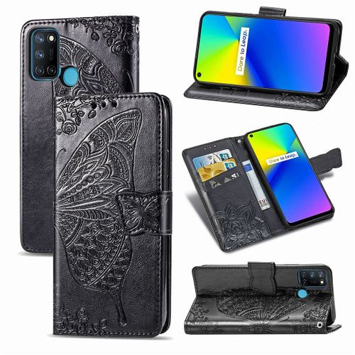 Realme 7i / Realme C17 Coque, Saturcase Papillon Fleurs Pu Cuir Magnétique Flip Portefeuille Support Porte-Carte Protecteur Housse Étui Avec Dragonne Pour Realme 7i / Realme C17 (Noir)