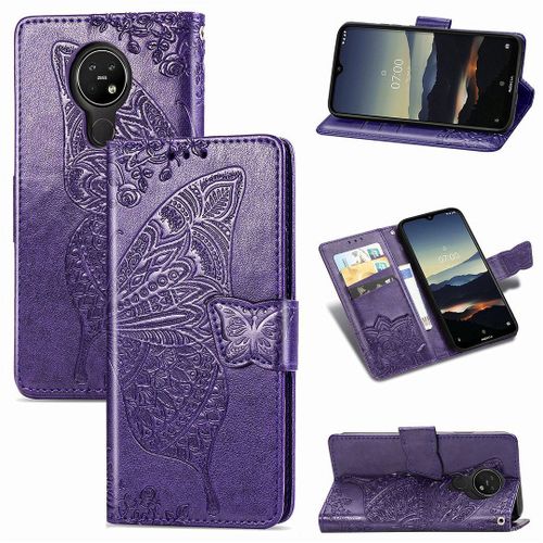 Nokia 3.4 Coque, Saturcase Papillon Fleurs Pu Cuir Magnétique Flip Portefeuille Support Porte-Carte Protecteur Housse Étui Avec Dragonne Pour Nokia 3.4 (Violet)