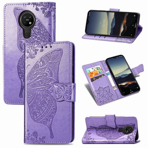 Nokia 3.4 Coque, Saturcase Papillon Fleurs Pu Cuir Magnétique Flip Portefeuille Support Porte-Carte Protecteur Housse Étui Avec Dragonne Pour Nokia 3.4 (Lavande)