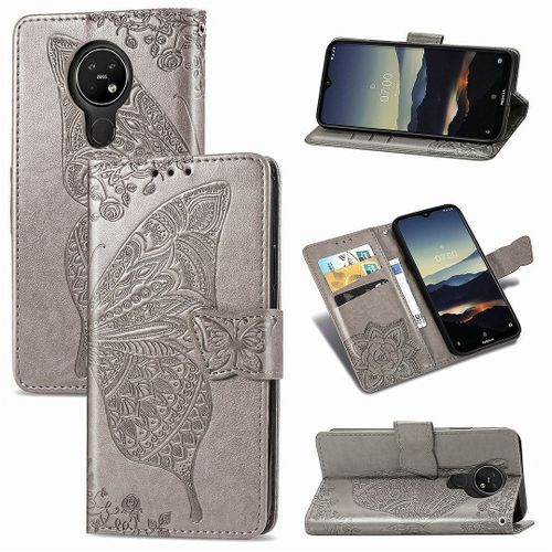 Nokia 3.4 Coque, Saturcase Papillon Fleurs Pu Cuir Magnétique Flip Portefeuille Support Porte-Carte Protecteur Housse Étui Avec Dragonne Pour Nokia 3.4 (Gris)
