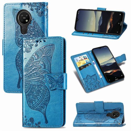 Nokia 3.4 Coque, Saturcase Papillon Fleurs Pu Cuir Magnétique Flip Portefeuille Support Porte-Carte Protecteur Housse Étui Avec Dragonne Pour Nokia 3.4 (Bleu)