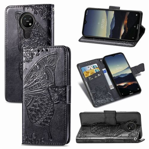 Nokia 3.4 Coque, Saturcase Papillon Fleurs Pu Cuir Magnétique Flip Portefeuille Support Porte-Carte Protecteur Housse Étui Avec Dragonne Pour Nokia 3.4 (Noir)