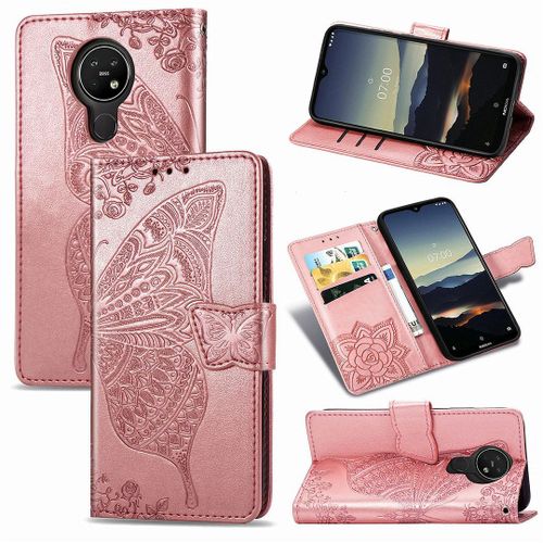 Nokia 3.4 Coque, Saturcase Papillon Fleurs Pu Cuir Magnétique Flip Portefeuille Support Porte-Carte Protecteur Housse Étui Avec Dragonne Pour Nokia 3.4 (Or Rose)