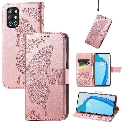 Saturcase Coque Pour Oneplus 9r, Papillon Fleurs Pu Cuir Magnétique Flip Portefeuille Support Porte-Carte Protecteur Housse Étui Avec Dragonne Pour Oneplus 9r (Or Rose)