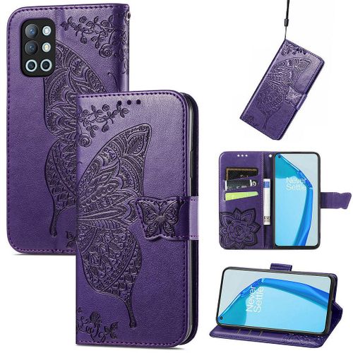 Saturcase Coque Pour Oneplus 9r, Papillon Fleurs Pu Cuir Magnétique Flip Portefeuille Support Porte-Carte Protecteur Housse Étui Avec Dragonne Pour Oneplus 9r (Violet)
