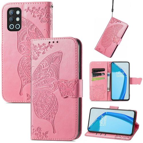 Saturcase Coque Pour Oneplus 9r, Papillon Fleurs Pu Cuir Magnétique Flip Portefeuille Support Porte-Carte Protecteur Housse Étui Avec Dragonne Pour Oneplus 9r (Pink)