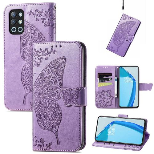 Saturcase Coque Pour Oneplus 9r, Papillon Fleurs Pu Cuir Magnétique Flip Portefeuille Support Porte-Carte Protecteur Housse Étui Avec Dragonne Pour Oneplus 9r (Lavande)