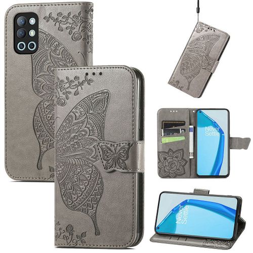 Saturcase Coque Pour Oneplus 9r, Papillon Fleurs Pu Cuir Magnétique Flip Portefeuille Support Porte-Carte Protecteur Housse Étui Avec Dragonne Pour Oneplus 9r (Gris)