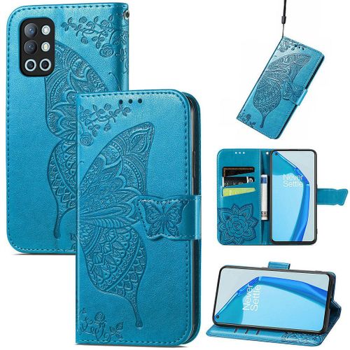 Saturcase Coque Pour Oneplus 9r, Papillon Fleurs Pu Cuir Magnétique Flip Portefeuille Support Porte-Carte Protecteur Housse Étui Avec Dragonne Pour Oneplus 9r (Bleu)