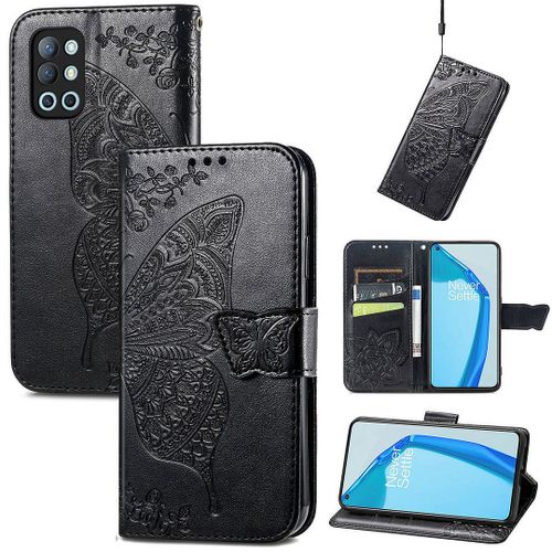 Saturcase Coque Pour Oneplus 9r, Papillon Fleurs Pu Cuir Magnétique Flip Portefeuille Support Porte-Carte Protecteur Housse Étui Avec Dragonne Pour Oneplus 9r (Noir)