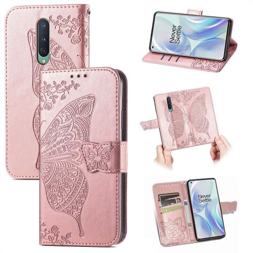 Saturcase Coque Pour Oneplus 8, Papillon Fleurs Pu Cuir Magnétique Flip Portefeuille Support Porte-Carte Protecteur Housse Étui Avec Dragonne Pour Oneplus 8 (Or Rose)