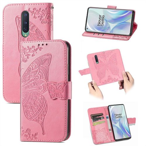 Saturcase Coque Pour Oneplus 8, Papillon Fleurs Pu Cuir Magnétique Flip Portefeuille Support Porte-Carte Protecteur Housse Étui Avec Dragonne Pour Oneplus 8 (Pink)