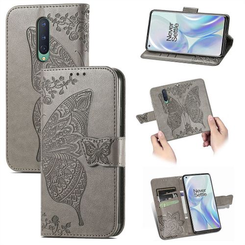 Saturcase Coque Pour Oneplus 8, Papillon Fleurs Pu Cuir Magnétique Flip Portefeuille Support Porte-Carte Protecteur Housse Étui Avec Dragonne Pour Oneplus 8 (Gris)