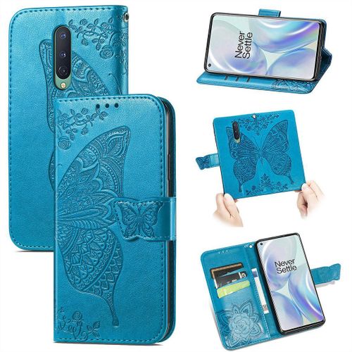Saturcase Coque Pour Oneplus 8, Papillon Fleurs Pu Cuir Magnétique Flip Portefeuille Support Porte-Carte Protecteur Housse Étui Avec Dragonne Pour Oneplus 8 (Bleu)