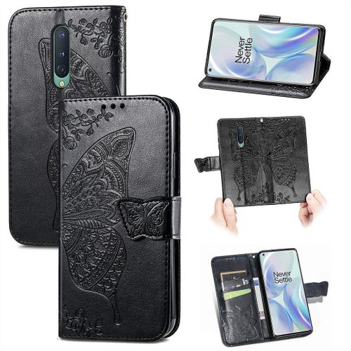 Saturcase Coque Pour Oneplus 8, Papillon Fleurs Pu Cuir Magnétique Flip Portefeuille Support Porte-Carte Protecteur Housse Étui Avec Dragonne Pour Oneplus 8 (Noir)