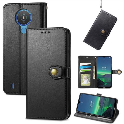 Saturcase Coque Pour Nokia 1.4, Premium Pu Cuir Flip Fermoir Magnétique Rond Portefeuille Support Protecteur Housse Étui Avec Dragonne Pour Nokia 1.4 (Noir)