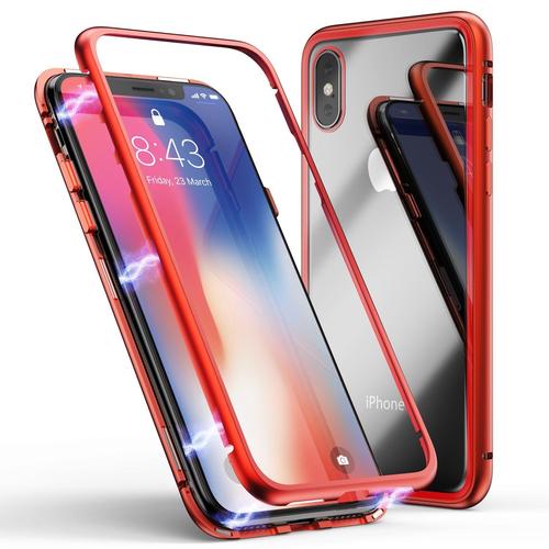 Coque Pour Iphone Xr - Coque Magnetique Integrale Rouge - Housse Etui 360 Integral Full Protection Metal Film Vitre Ecran Ultra Resistant [Phonillico]