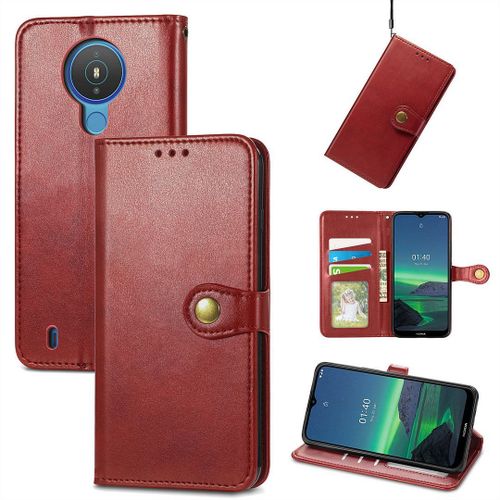 Saturcase Coque Pour Nokia 1.4, Premium Pu Cuir Flip Fermoir Magnétique Rond Portefeuille Support Protecteur Housse Étui Avec Dragonne Pour Nokia 1.4 (Rouge)