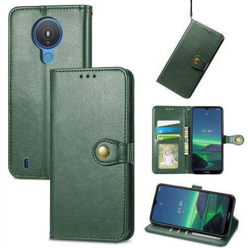 Saturcase Coque Pour Nokia 1.4, Premium Pu Cuir Flip Fermoir Magnétique Rond Portefeuille Support Protecteur Housse Étui Avec Dragonne Pour Nokia 1.4 (Vert)