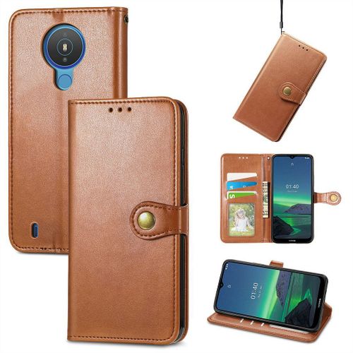 Saturcase Coque Pour Nokia 1.4, Premium Pu Cuir Flip Fermoir Magnétique Rond Portefeuille Support Protecteur Housse Étui Avec Dragonne Pour Nokia 1.4 (Marron)