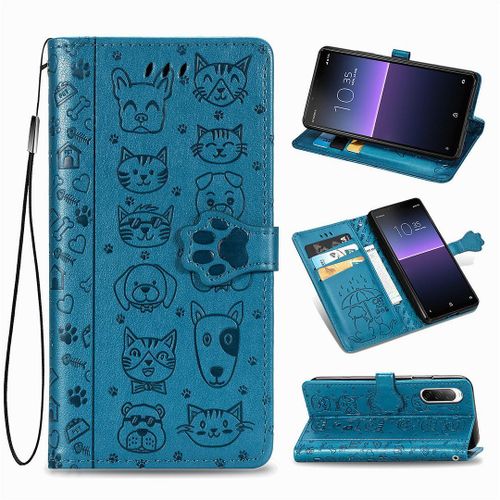 Sony Xperia 10 Ii (2020) Coque, Saturcase Chien Et Chat Mignon Pu Cuir Magnétique Flip Portefeuille Support Porte-Carte Protecteur Coque Housse Étui Avec Dragonne Pour Sony Xperia 10 Ii (2020) (Bleu)