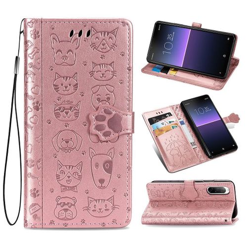 Sony Xperia 10 Ii (2020) Coque, Saturcase Chien Et Chat Mignon Pu Cuir Magnétique Flip Portefeuille Support Porte-Carte Protecteur Coque Housse Étui Avec Dragonne Pour Sony Xperia 10 Ii (2020) (Or Rose)