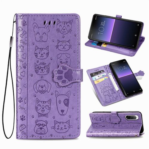 Sony Xperia 10 Ii (2020) Coque, Saturcase Chien Et Chat Mignon Pu Cuir Magnétique Flip Portefeuille Support Porte-Carte Protecteur Coque Housse Étui Avec Dragonne Pour Sony Xperia 10 Ii (2020) (Violet)